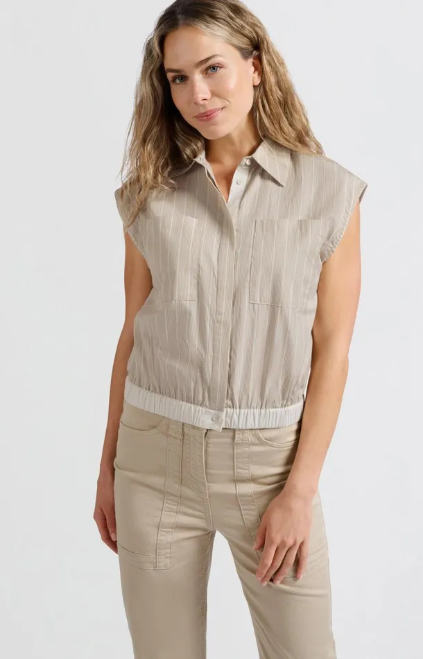 Sleeveless Blouse With Elastic Waist And Loose Fit Humus Beige Dessin Women YAYA Blouses Sleeveless Blouse With Elastic Waist And Loose Fit Humus Beige Dessin Women YAYA Blouses