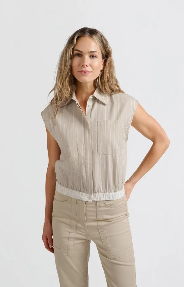 Sleeveless Blouse With Elastic Waist And Loose Fit Humus Beige Dessin Women YAYA Blouses Sleeveless Blouse With Elastic Waist And Loose Fit Humus Beige Dessin Women YAYA Blouses