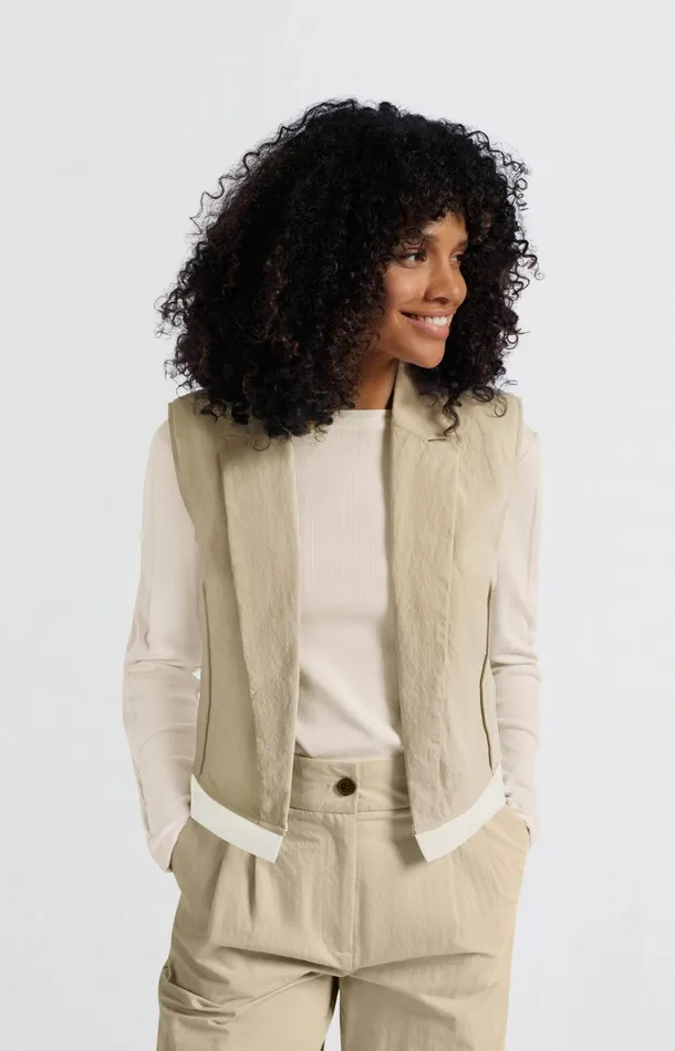 Sleeveless Cotton Gilet With Contrasting Details Twill Beige Women YAYA Cardigans