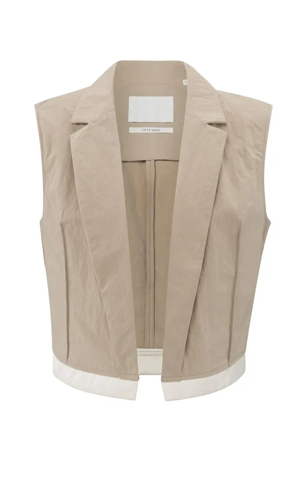 Sleeveless Cotton Gilet With Contrasting Details Twill Beige Women YAYA Cardigans Sleeveless Cotton Gilet With Contrasting Details Twill Beige Women YAYA Cardigans