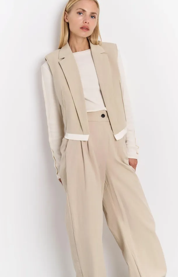 Sleeveless Cotton Gilet With Contrasting Details Twill Beige Women YAYA Cardigans Sleeveless Cotton Gilet With Contrasting Details Twill Beige Women YAYA Cardigans