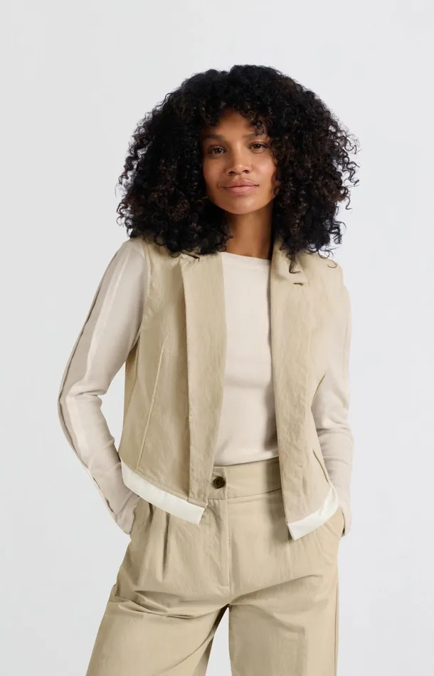 Sleeveless Cotton Gilet With Contrasting Details Twill Beige Women YAYA Cardigans Sleeveless Cotton Gilet With Contrasting Details Twill Beige Women YAYA Cardigans