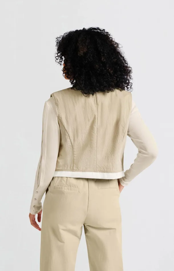 Sleeveless Cotton Gilet With Contrasting Details Twill Beige Women YAYA Cardigans Sleeveless Cotton Gilet With Contrasting Details Twill Beige Women YAYA Cardigans
