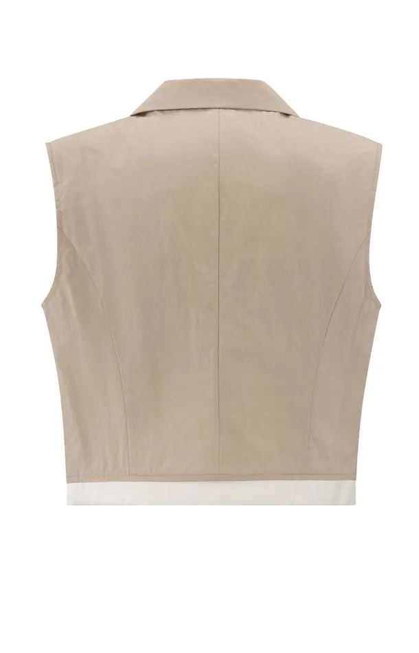 Sleeveless Cotton Gilet With Contrasting Details Twill Beige Women YAYA Cardigans Sleeveless Cotton Gilet With Contrasting Details Twill Beige Women YAYA Cardigans