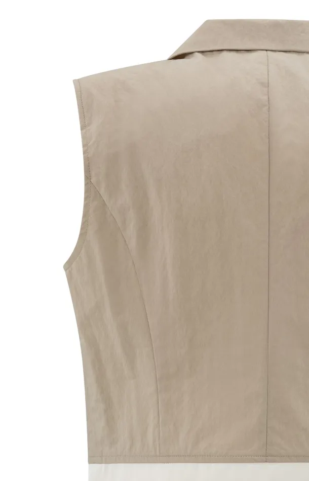 Sleeveless Cotton Gilet With Contrasting Details Twill Beige Women YAYA Cardigans Sleeveless Cotton Gilet With Contrasting Details Twill Beige Women YAYA Cardigans
