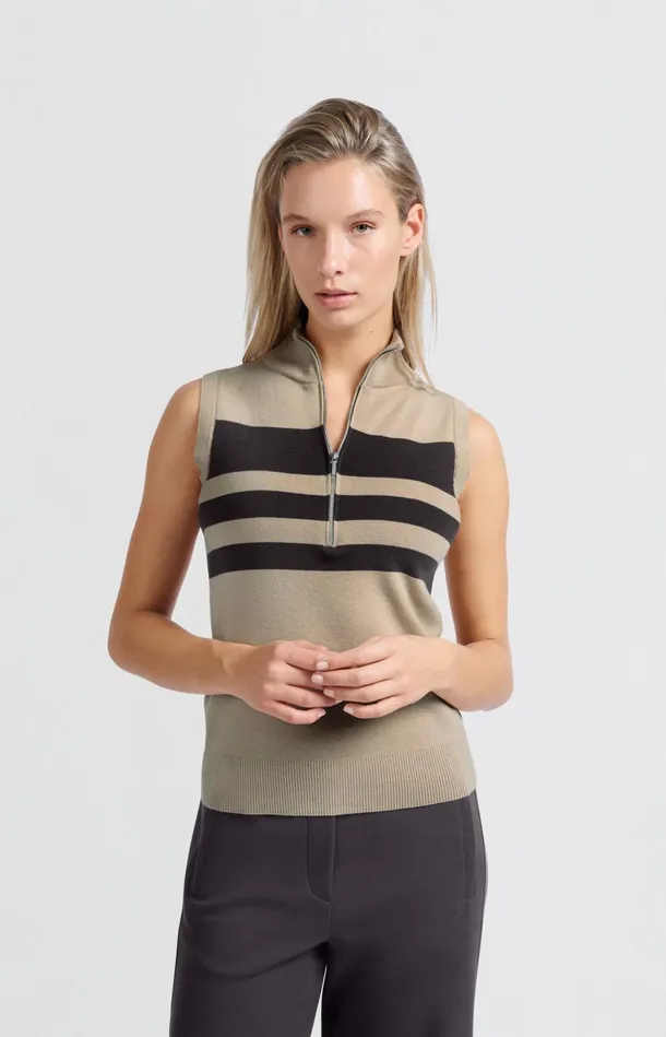 Sleeveless Sweater With Block Stripes And Halfzip Humus Beige Dessin Women YAYA Sweaters Sleeveless Sweater With Block Stripes And Halfzip Humus Beige Dessin Women YAYA Sweaters