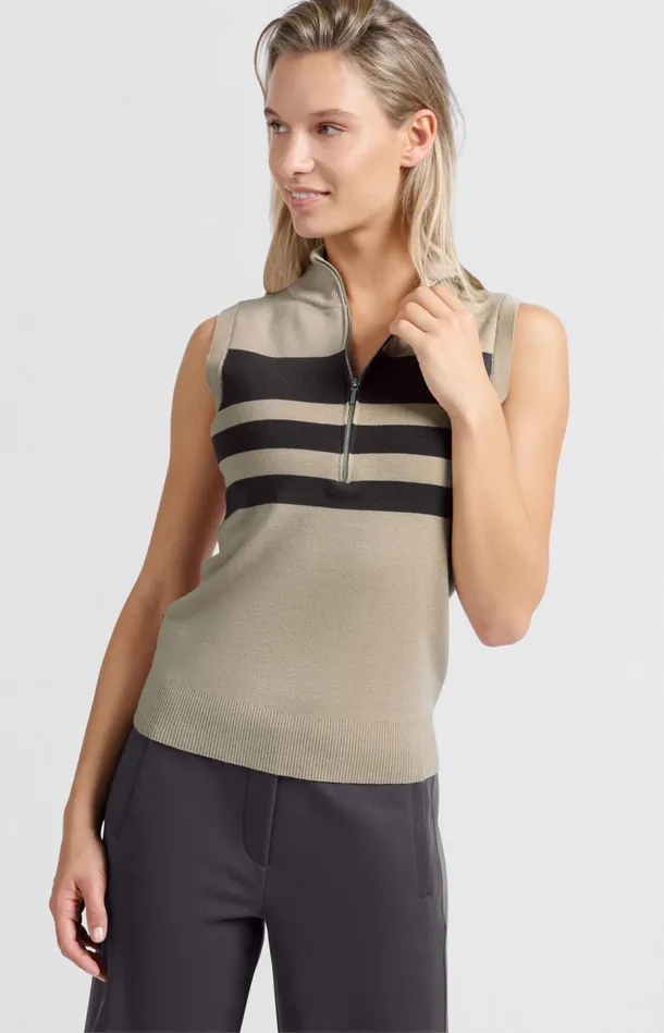 Sleeveless Sweater With Block Stripes And Halfzip Humus Beige Dessin Women YAYA Sweaters Sleeveless Sweater With Block Stripes And Halfzip Humus Beige Dessin Women YAYA Sweaters