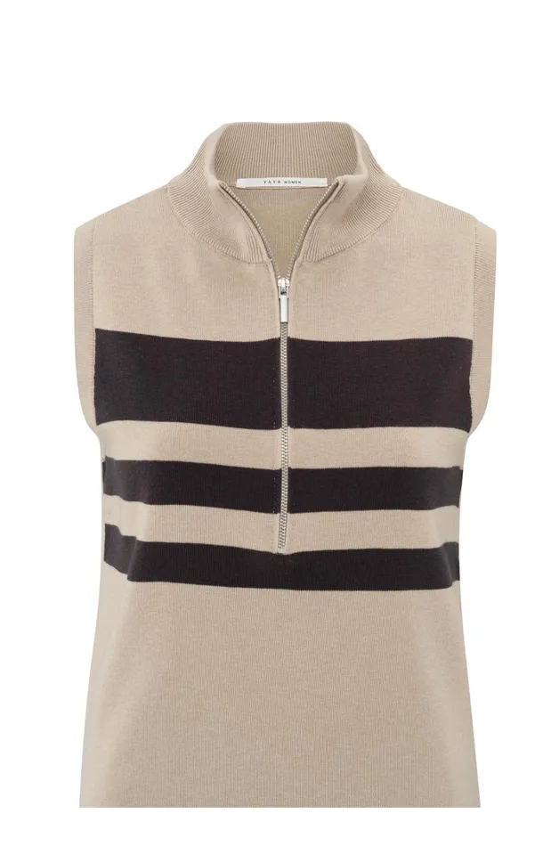Sleeveless Sweater With Block Stripes And Halfzip Humus Beige Dessin Women YAYA Sweaters Sleeveless Sweater With Block Stripes And Halfzip Humus Beige Dessin Women YAYA Sweaters
