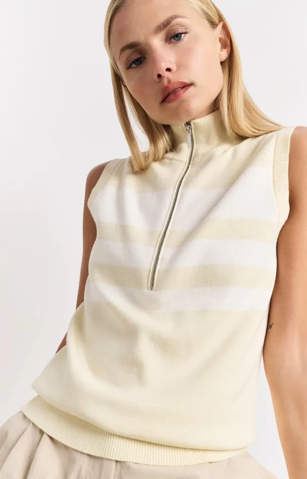 Sleeveless Sweater With Block Stripes And Halfzip Putty Beige Dessin Women YAYA Sweaters Sleeveless Sweater With Block Stripes And Halfzip Putty Beige Dessin Women YAYA Sweaters