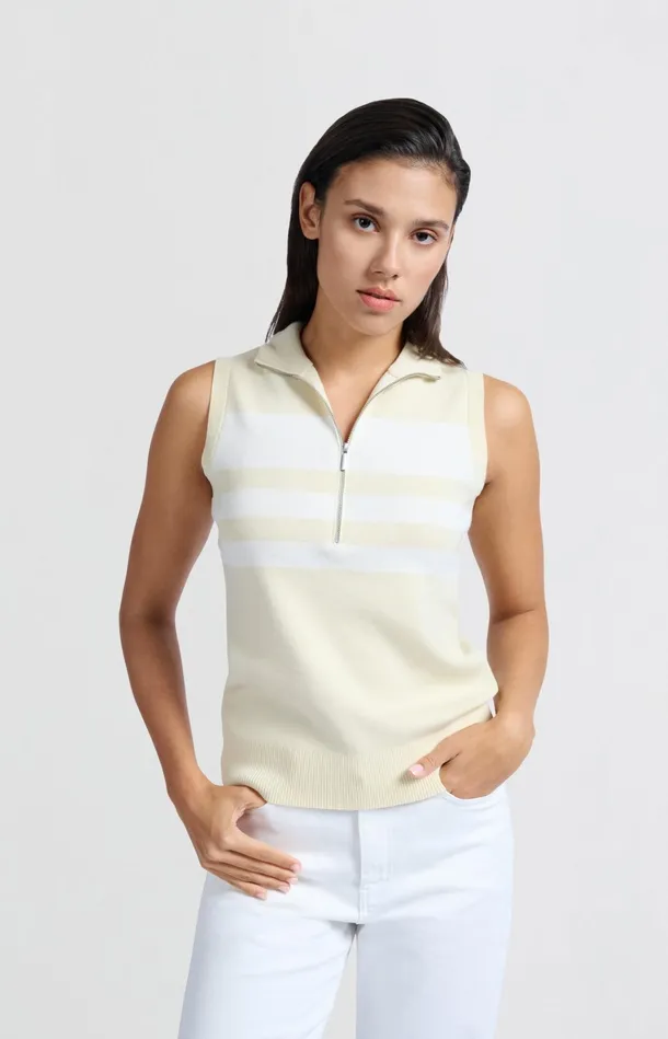 Sleeveless Sweater With Block Stripes And Halfzip Putty Beige Dessin Women YAYA Sweaters Sleeveless Sweater With Block Stripes And Halfzip Putty Beige Dessin Women YAYA Sweaters