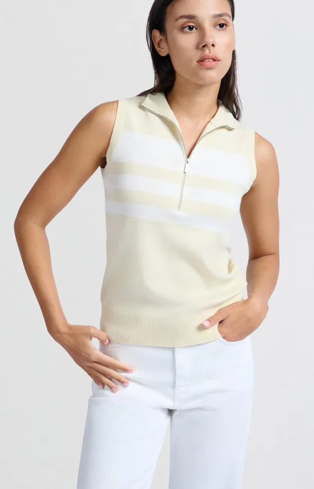 Sleeveless Sweater With Block Stripes And Halfzip Putty Beige Dessin Women YAYA Sweaters Sleeveless Sweater With Block Stripes And Halfzip Putty Beige Dessin Women YAYA Sweaters