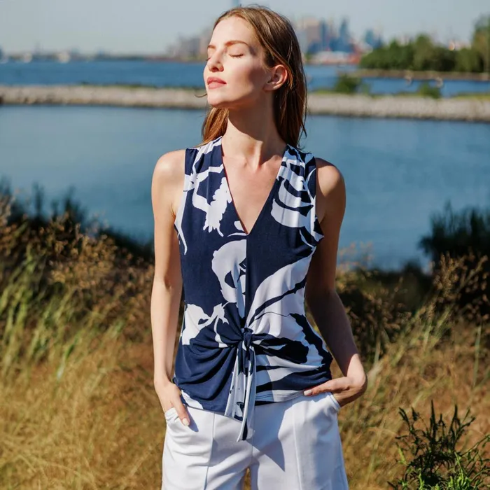 Sleeveless VNeck Center Front Tie Top 8211 Abstract Branch Women Clara Sunwoo Spring Collection Sleeveless VNeck Center Front Tie Top 8211 Abstract Branch Women Clara Sunwoo Spring Collection