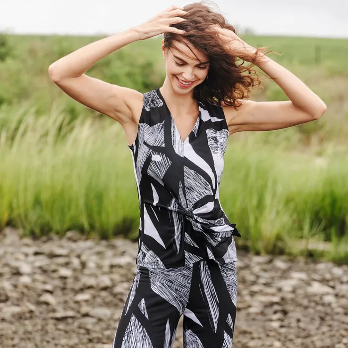 Sleeveless VNeck Center Front Tie Top 8211 Geo Sketch 8211 Limited Sizes Women Clara Sunwoo Tops Tunics Sleeveless VNeck Center Front Tie Top 8211 Geo Sketch 8211 Limited Sizes Women Clara Sunwoo Tops Tunics