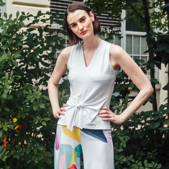 Sleeveless VNeck Center Front Tie Top 8211 White Women Clara Sunwoo Modern Basics