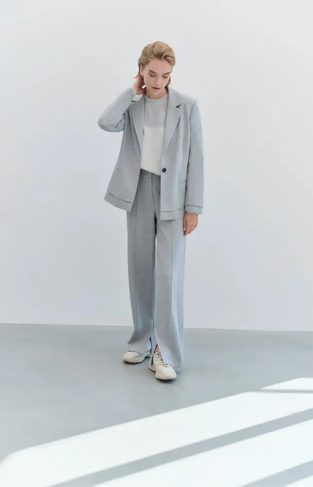 Soft Grey Trousers With Straight Legs And Crease Details Medium Grey Melange Women YAYA Trousers Soft Grey Trousers With Straight Legs And Crease Details Medium Grey Melange Women YAYA Trousers