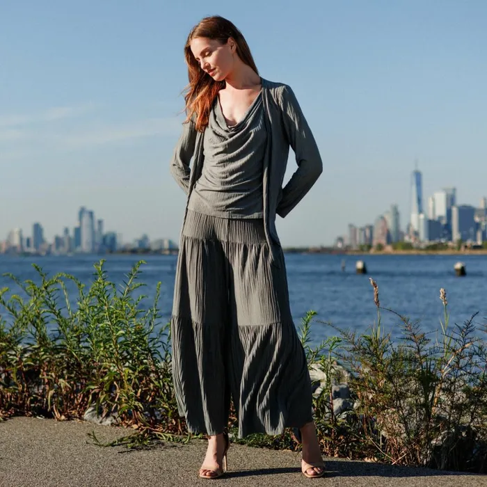 Soft Pleat Knit 8211 2pc Cardigan and Cowl Tank Twinset 8211 Olive Women Clara Sunwoo Spring Collection
