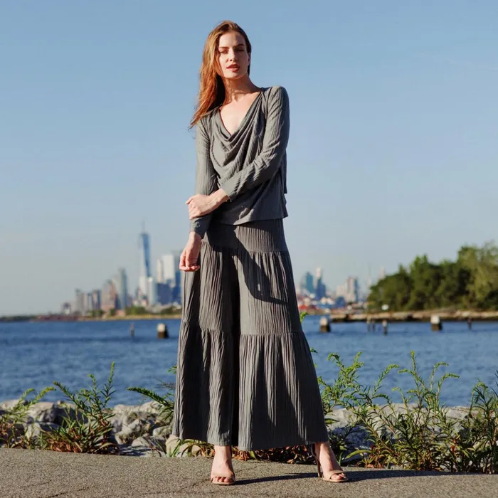 Soft Pleat Knit 8211 2pc Cardigan and Cowl Tank Twinset 8211 Olive Women Clara Sunwoo Spring Collection