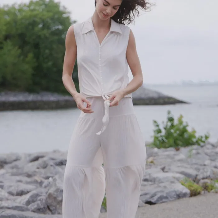 Soft Pleat Knit 8211 Sleeveless Button Down Tie Hem Top 8211 Ivory 8211 Final Sale Women Clara Sunwoo Tops Tunics