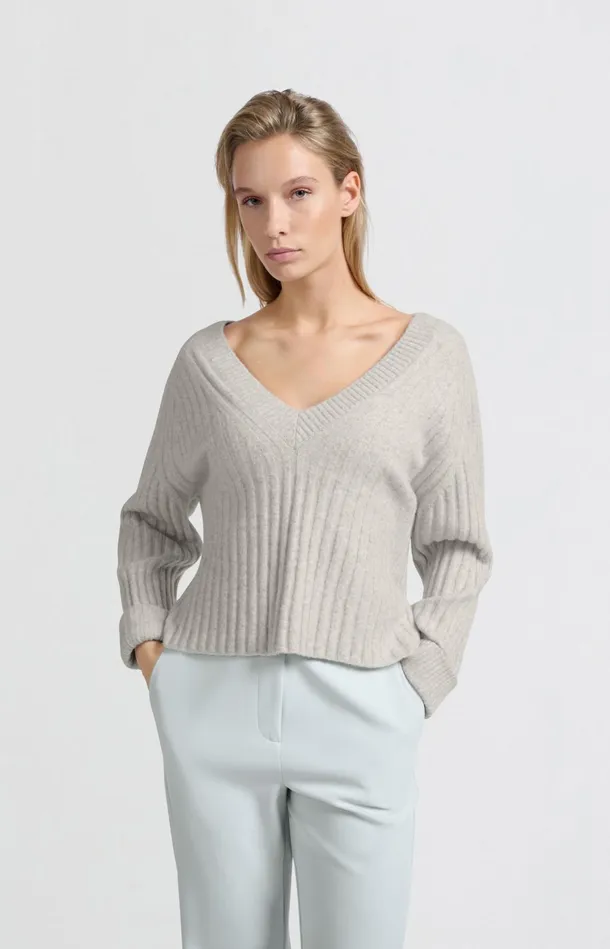 Soft Ribbed Sweater With Vneck And Long Sleeves Ice Melange Women YAYA Sweaters