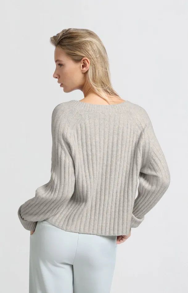 Soft Ribbed Sweater With Vneck And Long Sleeves Ice Melange Women YAYA Sweaters Soft Ribbed Sweater With Vneck And Long Sleeves Ice Melange Women YAYA Sweaters