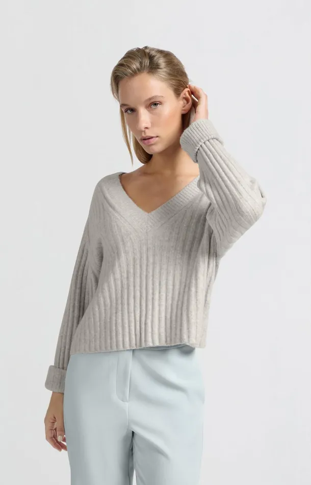 Soft Ribbed Sweater With Vneck And Long Sleeves Ice Melange Women YAYA Sweaters Soft Ribbed Sweater With Vneck And Long Sleeves Ice Melange Women YAYA Sweaters