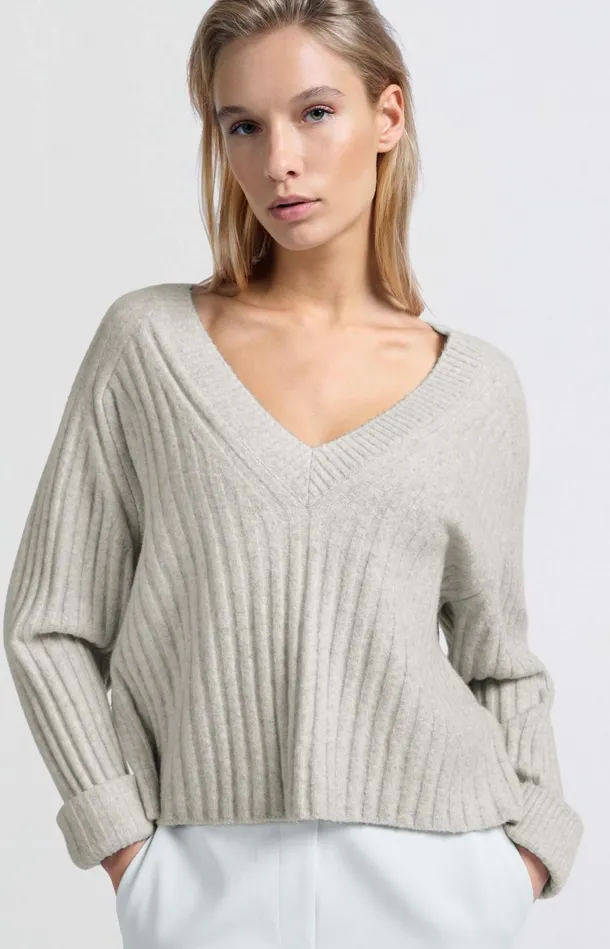 Soft Ribbed Sweater With Vneck And Long Sleeves Ice Melange Women YAYA Sweaters Soft Ribbed Sweater With Vneck And Long Sleeves Ice Melange Women YAYA Sweaters