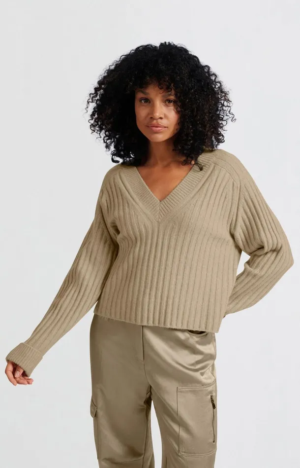 Soft Ribbed Sweater With Vneck And Long Sleeves Safari Melange Women YAYA Sweaters Soft Ribbed Sweater With Vneck And Long Sleeves Safari Melange Women YAYA Sweaters