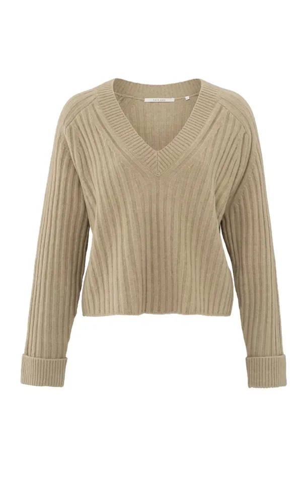 Soft Ribbed Sweater With Vneck And Long Sleeves Safari Melange Women YAYA Sweaters Soft Ribbed Sweater With Vneck And Long Sleeves Safari Melange Women YAYA Sweaters
