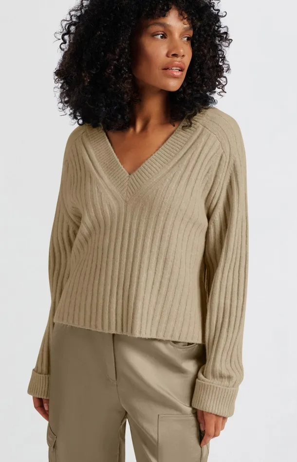 Soft Ribbed Sweater With Vneck And Long Sleeves Safari Melange Women YAYA Sweaters Soft Ribbed Sweater With Vneck And Long Sleeves Safari Melange Women YAYA Sweaters