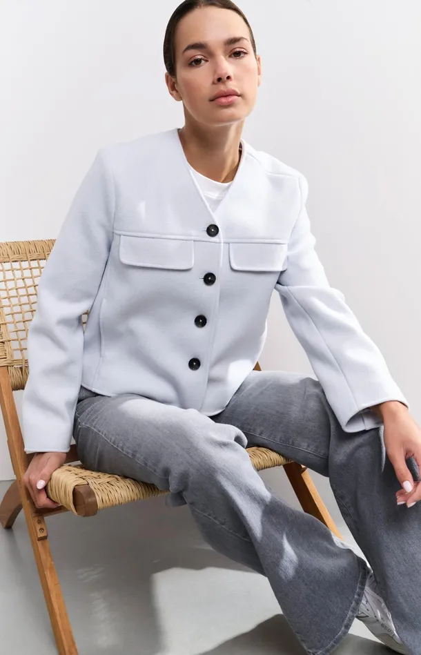 Soft Short Jacket With Chest Pockets And Button Closure Gray Dawn Blue Melange Women YAYA Jackets