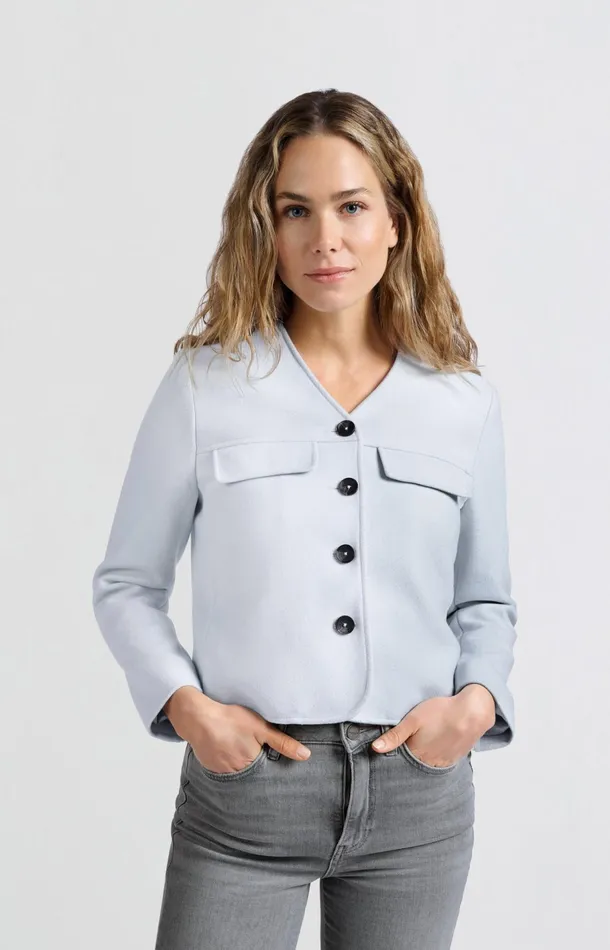 Soft Short Jacket With Chest Pockets And Button Closure Gray Dawn Blue Melange Women YAYA Jackets Soft Short Jacket With Chest Pockets And Button Closure Gray Dawn Blue Melange Women YAYA Jackets