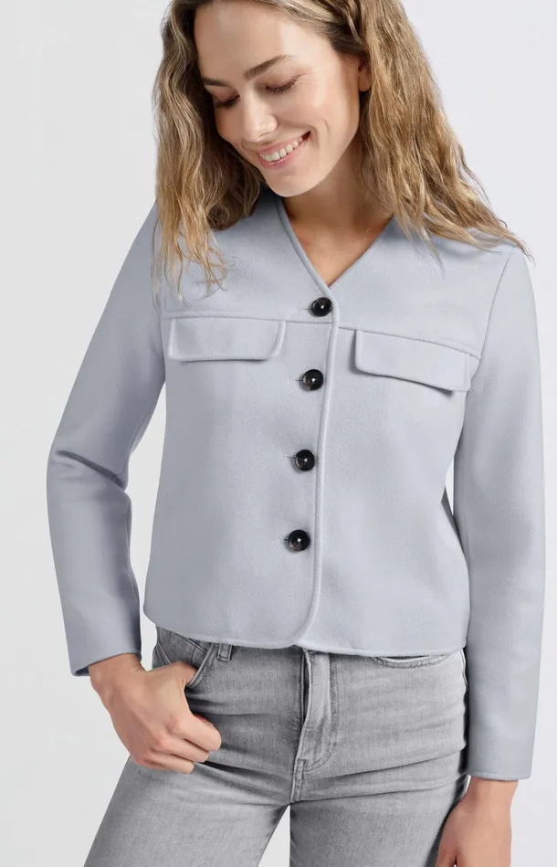 Soft Short Jacket With Chest Pockets And Button Closure Gray Dawn Blue Melange Women YAYA Jackets Soft Short Jacket With Chest Pockets And Button Closure Gray Dawn Blue Melange Women YAYA Jackets