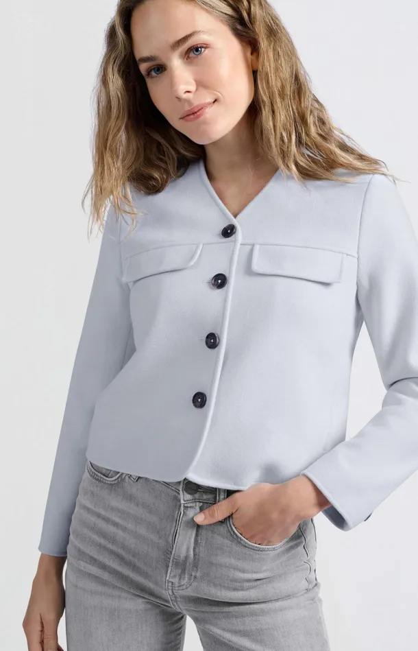 Soft Short Jacket With Chest Pockets And Button Closure Gray Dawn Blue Melange Women YAYA Jackets Soft Short Jacket With Chest Pockets And Button Closure Gray Dawn Blue Melange Women YAYA Jackets