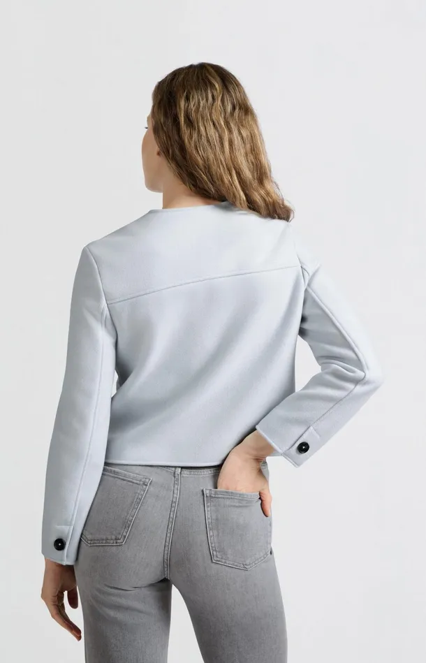 Soft Short Jacket With Chest Pockets And Button Closure Gray Dawn Blue Melange Women YAYA Jackets Soft Short Jacket With Chest Pockets And Button Closure Gray Dawn Blue Melange Women YAYA Jackets