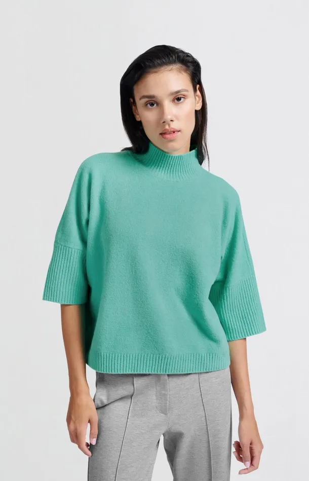 Soft Sweater With High Neck And Threequarter Sleeves Pool Blue Women YAYA Sweaters Soft Sweater With High Neck And Threequarter Sleeves Pool Blue Women YAYA Sweaters