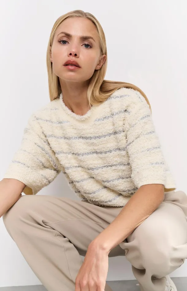 Soft Sweater With Shiny Stripes And Short Sleeves Off White Dessin Women YAYA Sweaters