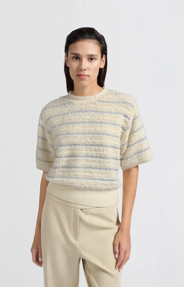 Soft Sweater With Shiny Stripes And Short Sleeves Off White Dessin Women YAYA Sweaters Soft Sweater With Shiny Stripes And Short Sleeves Off White Dessin Women YAYA Sweaters