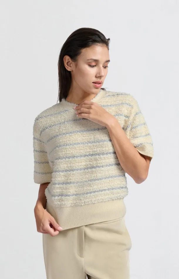Soft Sweater With Shiny Stripes And Short Sleeves Off White Dessin Women YAYA Sweaters Soft Sweater With Shiny Stripes And Short Sleeves Off White Dessin Women YAYA Sweaters