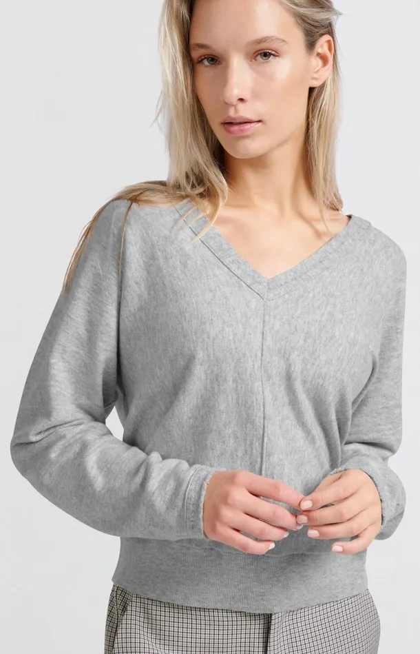 Soft Sweater With Vneck And Batwing Sleeves Medium Grey Melange Women YAYA Sweaters Soft Sweater With Vneck And Batwing Sleeves Medium Grey Melange Women YAYA Sweaters