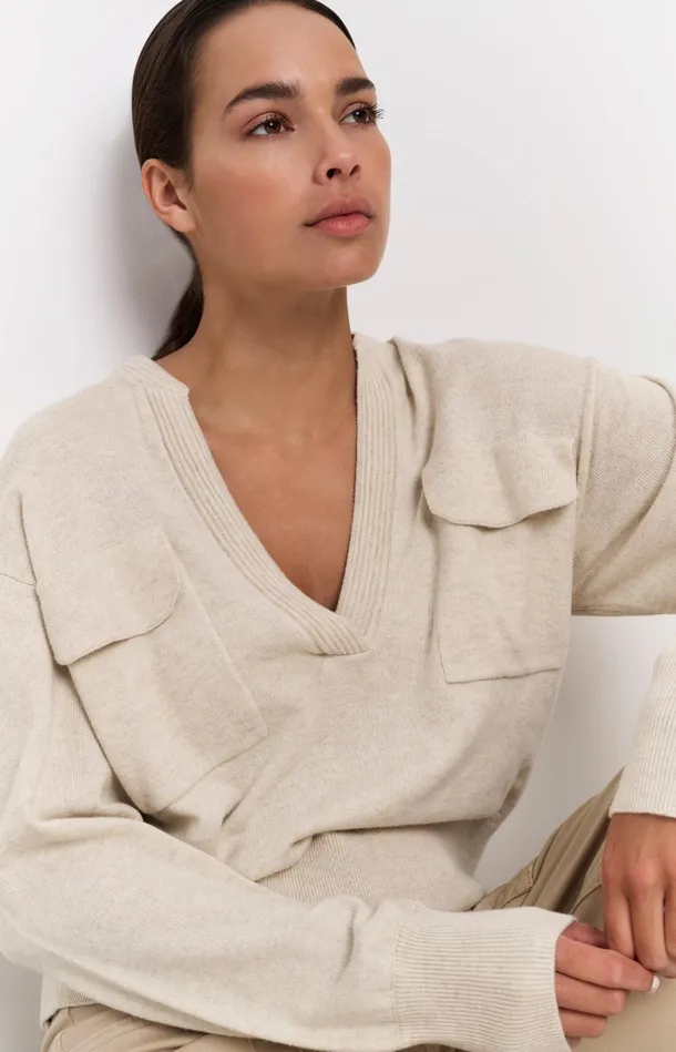 Soft Sweater With Vneckline And Chest Pockets Light Beige Melange Women YAYA Sweaters Soft Sweater With Vneckline And Chest Pockets Light Beige Melange Women YAYA Sweaters