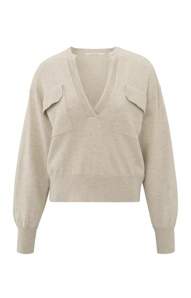 Soft Sweater With Vneckline And Chest Pockets Light Beige Melange Women YAYA Sweaters Soft Sweater With Vneckline And Chest Pockets Light Beige Melange Women YAYA Sweaters