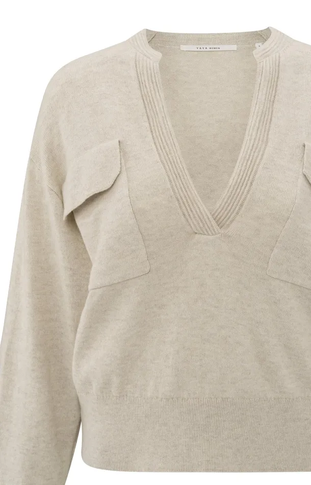 Soft Sweater With Vneckline And Chest Pockets Light Beige Melange Women YAYA Sweaters Soft Sweater With Vneckline And Chest Pockets Light Beige Melange Women YAYA Sweaters