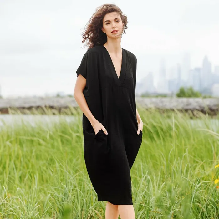 Soft Textured Rayon 8211 Empire Waist Caftan Pocket Dress 8211 Black Women Clara Sunwoo Dresses Jumpsuits