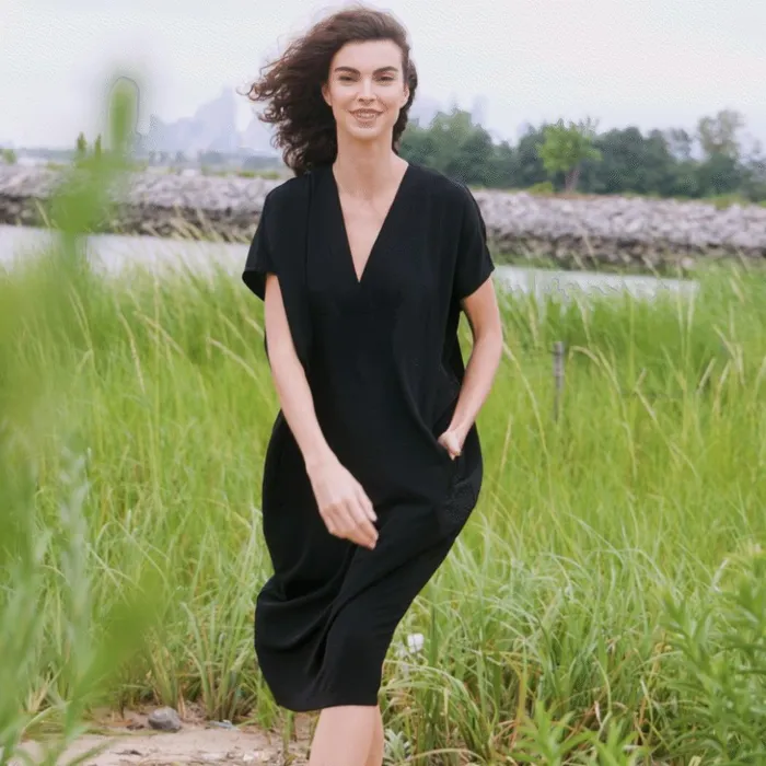 Soft Textured Rayon 8211 Empire Waist Caftan Pocket Dress 8211 Black Women Clara Sunwoo Dresses Jumpsuits