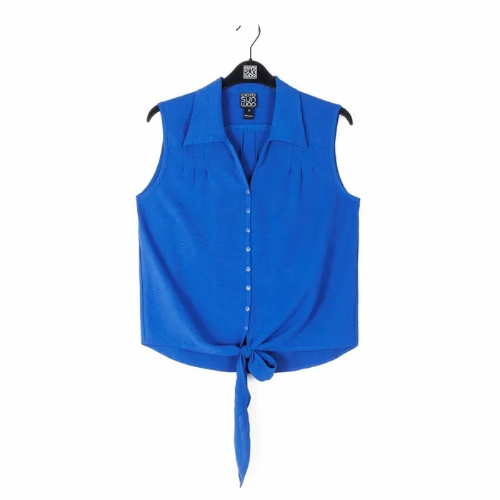 Soft Textured Rayon 8211 Sleeveless Button Down Tie Hem Top 8211 Cobalt Women Clara Sunwoo Tops Tunics