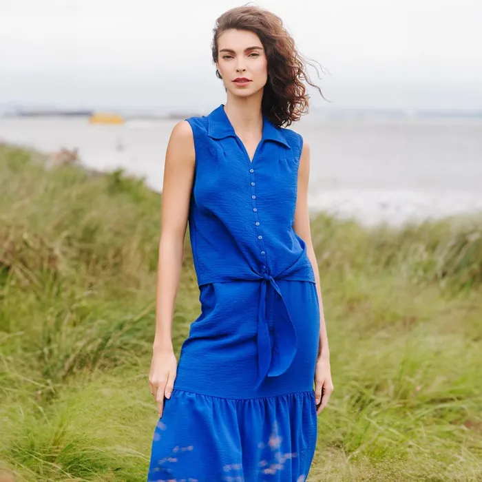 Soft Textured Rayon 8211 Sleeveless Button Down Tie Hem Top 8211 Cobalt Women Clara Sunwoo Tops Tunics