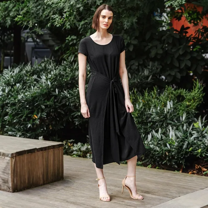 Soft Textured Rayon 8211 Wrap Overlay Center Tie Midi Dress 8211 Black 8211 Final Sale Women Clara Sunwoo Dresses Jumpsuits