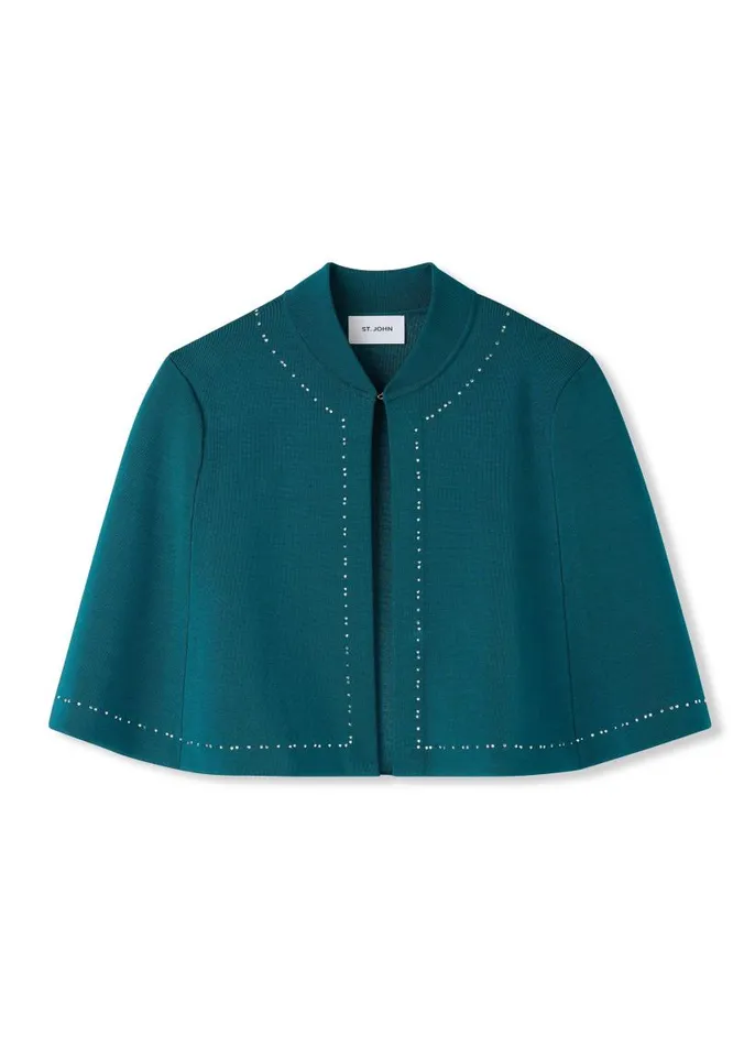 St John Capes and Wraps Women Stretch Pique Knit Embellished Cape Teal