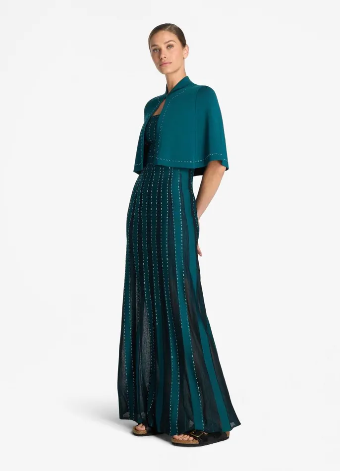 St John Capes and Wraps Women Stretch Pique Knit Embellished Cape Teal St John Capes and Wraps Women Stretch Pique Knit Embellished Cape Teal