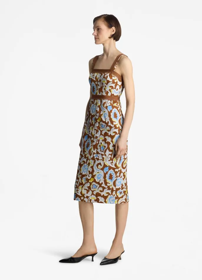 St John Cocktail and Party Women Silk Jacquard Paisley Dress Saddle Multi St John Cocktail and Party Women Silk Jacquard Paisley Dress Saddle Multi